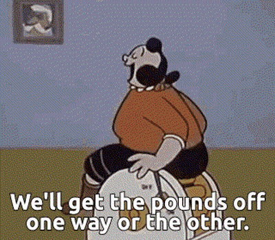 A Cartoon Of A Woman Sitting On A Toilet With The Words `` We 'Ll Get The Pounds Off One Way Or The Other '' GIF