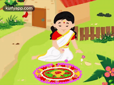 A Cartoon Of A Woman Sitting On The Ground With A Circle Of Flowers In Front Of Her .. GIF