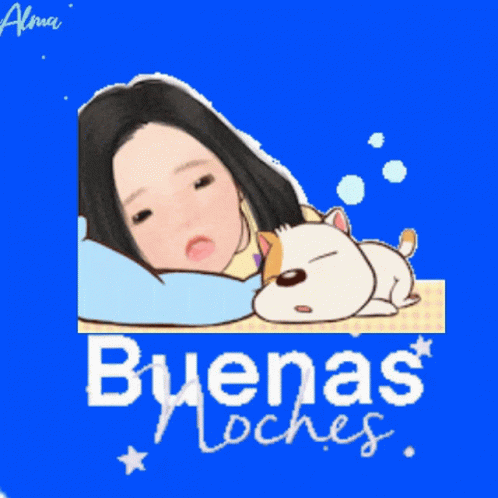 A Cartoon Of A Woman Sleeping Next To A Cat With The Words Buenas Noches Below Her GIF