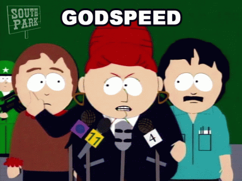 A Cartoon Of A Woman Speaking Into A Microphone With The Words Godspeed On The Bottom GIF