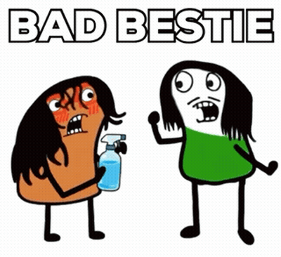 A Cartoon Of A Woman Spraying Water On Another Woman 'S Face With The Words Bad Bestie Written Above Them GIF