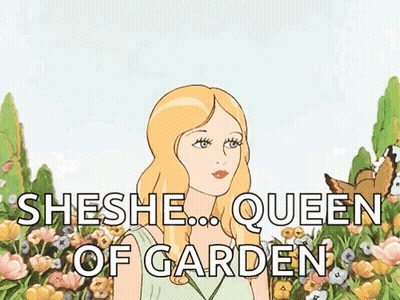 A Cartoon Of A Woman Standing In A Garden With The Words Sheshe Queen Of Garden Above Her GIF