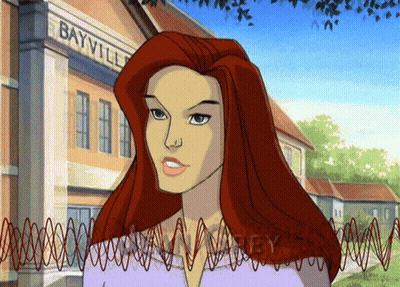 A Cartoon Of A Woman Standing In Front Of A Building That Says Bayville GIF