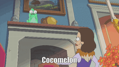 A Cartoon Of A Woman Standing In Front Of A Fireplace With The Words Cocomelon Written On The Bottom GIF