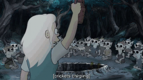 A Cartoon Of A Woman Standing In Front Of A Group Of Goblins With The Caption Crickets Chirping GIF