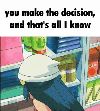 A Cartoon Of A Woman Standing In Front Of A Shelf That Says You Make The Decision GIF