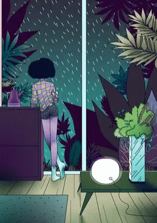 A Cartoon Of A Woman Standing In Front Of A Window In The Rain . GIF