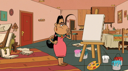 A Cartoon Of A Woman Standing In Front Of An Easel With Paint Buckets On The Floor GIF
