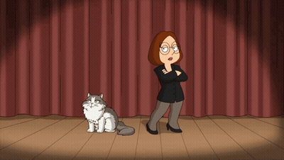 A Cartoon Of A Woman Standing Next To A Cat GIF
