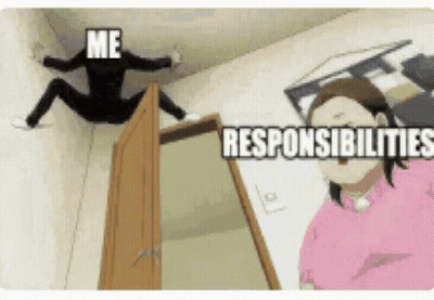 A Cartoon Of A Woman Standing Next To A Door With The Words `` Me Responsibility '' Written On It . GIF