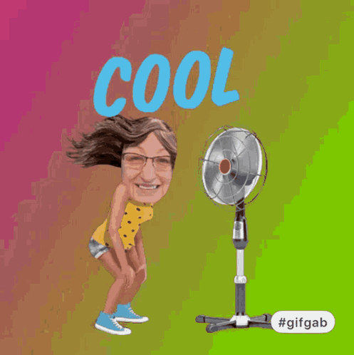 A Cartoon Of A Woman Standing Next To A Fan With The Words " Stay Cool " Written On It GIF