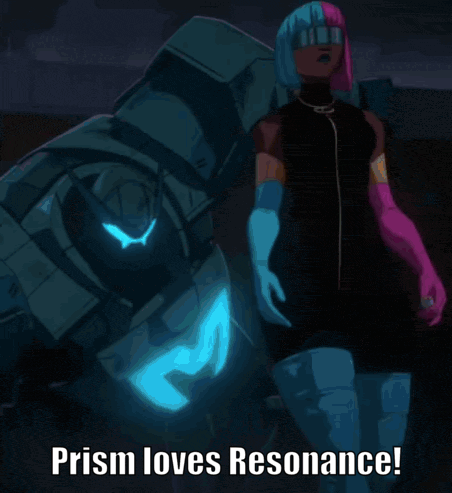 A Cartoon Of A Woman Standing Next To A Robot With The Words Prism Loves Resonance GIF