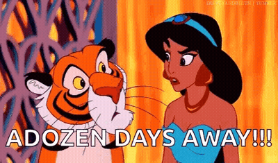A Cartoon Of A Woman Standing Next To A Tiger With The Words `` Dozen Days Away '' . GIF