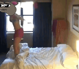 A Cartoon Of A Woman Standing On A Bed With A Mouse On Top Of Her Head GIF