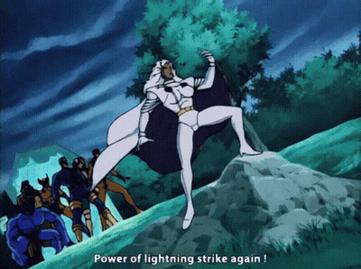 A Cartoon Of A Woman Standing On A Hill With The Words Power Of Lightning Strike Again Below Her GIF
