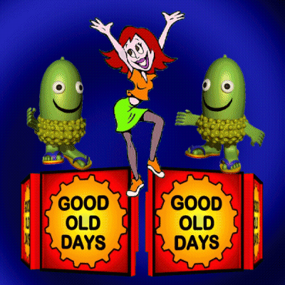 A Cartoon Of A Woman Standing On Top Of A Good Old Days Sign GIF