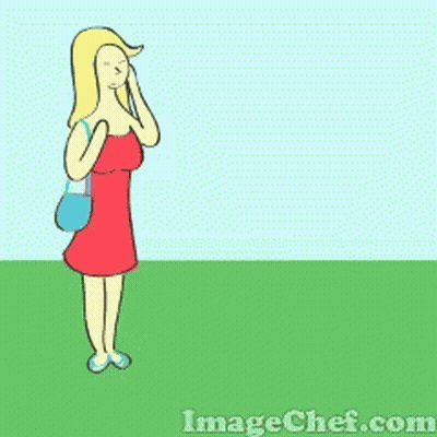 A Cartoon Of A Woman Talking On A Cell Phone And A Man Standing Next To Her With His Arms Crossed GIF
