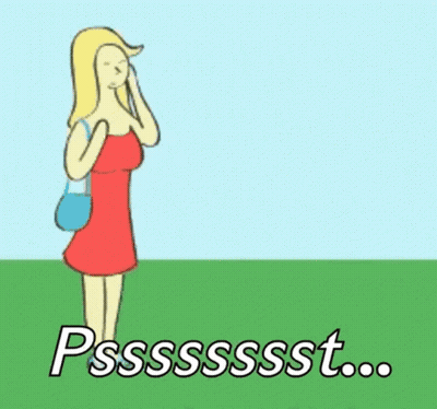 A Cartoon Of A Woman Talking On A Cell Phone Next To A Man With An Eye On His Face That Says Psssssst GIF