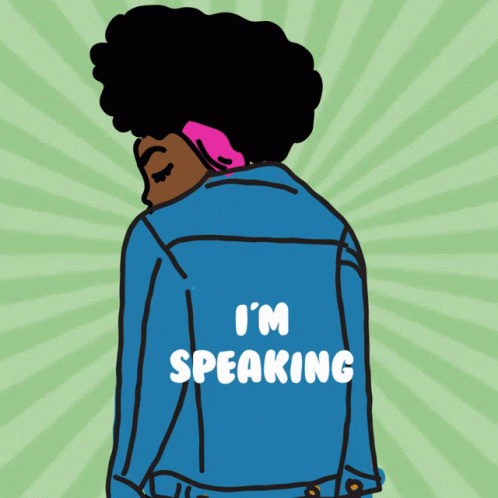 A Cartoon Of A Woman Talking On A Cell Phone With The Words I 'M Speaking On The Back Of Her Jacket GIF