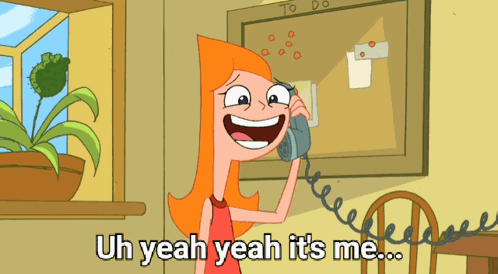 A Cartoon Of A Woman Talking On A Phone With The Words Uh Yeah Yeah It 'S Me GIF