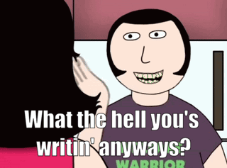 A Cartoon Of A Woman Talking To A Man Who Is Wearing A Shirt That Says Warrior GIF