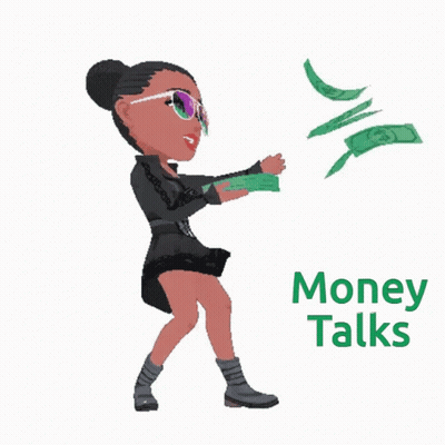 A Cartoon Of A Woman Throwing Money With The Words Money Talks Below GIF