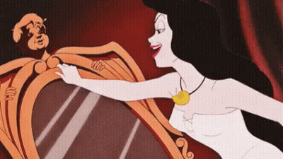 A Cartoon Of A Woman Touching A Mirror With A Man In The Background . GIF