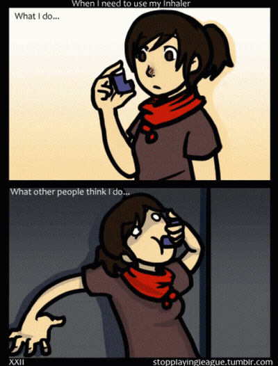 A Cartoon Of A Woman Using An Inhaler And What Other People Think GIF