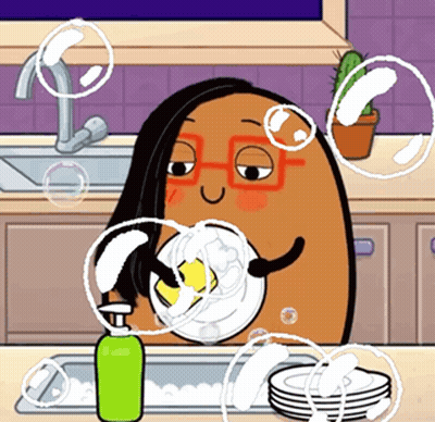 A Cartoon Of A Woman Washing Dishes In A Kitchen Sink GIF