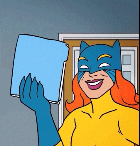 A Cartoon Of A Woman Wearing A Cat Mask Holding A Blue Folder GIF
