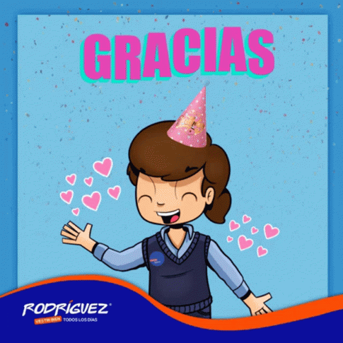 A Cartoon Of A Woman Wearing A Party Hat With The Words Gracias Written Above Her GIF