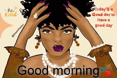 A Cartoon Of A Woman Wearing A Pearl Necklace With The Words " Good Morning " On The Bottom GIF