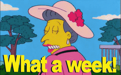 A Cartoon Of A Woman Wearing A Pink Hat With The Words What A Week Written Below Her GIF