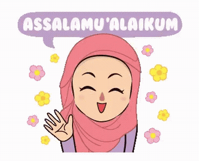 A Cartoon Of A Woman Wearing A Pink Hijab Waving Her Hand And Saying Assalamu 'Alaikum . GIF
