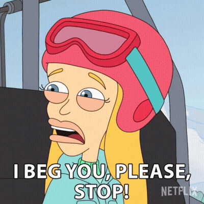 A Cartoon Of A Woman Wearing A Ski Helmet And Goggles Says " I Beg You Please Stop " GIF