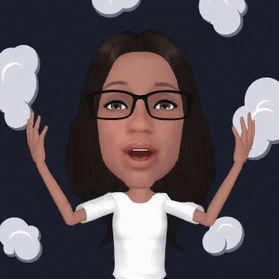 A Cartoon Of A Woman Wearing Glasses With Her Hands In The Air GIF