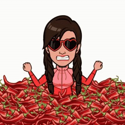 A Cartoon Of A Woman Wearing Heart Shaped Sunglasses Surrounded By Red Peppers GIF