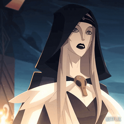 A Cartoon Of A Woman With A Hood And A Skull Necklace Says Netflix GIF