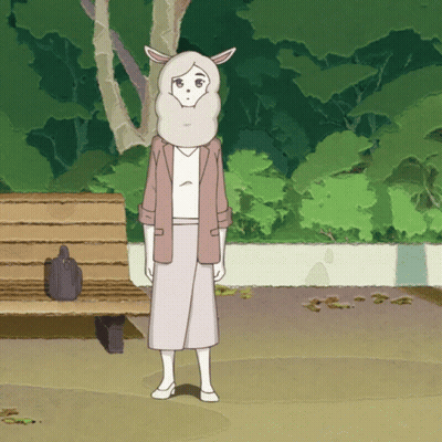 A Cartoon Of A Woman With A Sheep 'S Head Standing Next To A Bench GIF