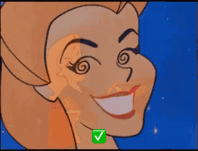 A Cartoon Of A Woman With A Swirling Face And A Green Check Mark GIF