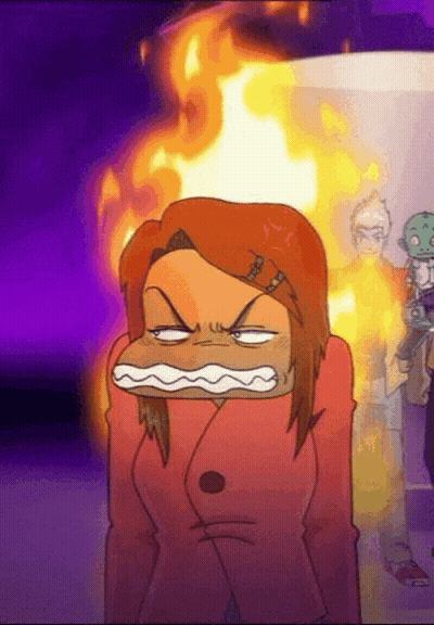 A Cartoon Of A Woman With An Angry Face And A Fire Behind Her GIF