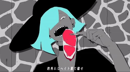 A Cartoon Of A Woman With Blue Hair Eating A Piece Of Meat GIF