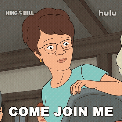 A Cartoon Of A Woman With Glasses And The Words Come Join Me GIF