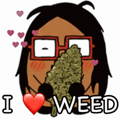 A Cartoon Of A Woman With Glasses Holding A Marijuana Bud And The Words I Love Weed Below Her GIF