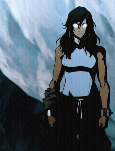A Cartoon Of A Woman With Glowing Eyes Standing In Front Of A Mountain GIF