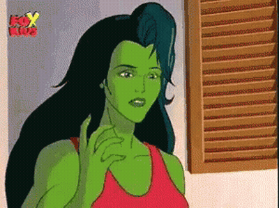 A Cartoon Of A Woman With Green Hair And A Fox Logo Behind Her GIF