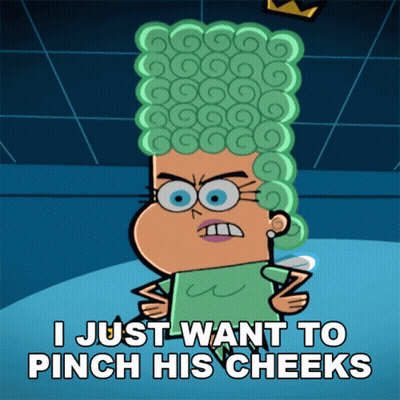 A Cartoon Of A Woman With Green Hair Says I Just Want To Pinch His Cheeks GIF