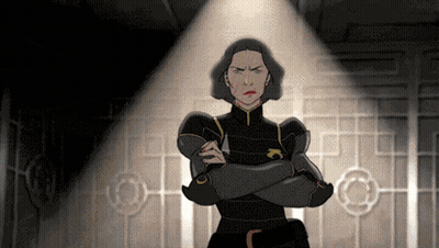 a cartoon of a woman with her arms crossed in front of a spotlight