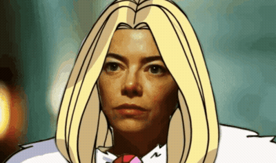 A Cartoon Of A Woman With Long Blonde Hair And A Red Tie GIF