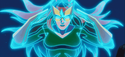 A Cartoon Of A Woman With Long Hair And A Blue Light Behind Her . GIF